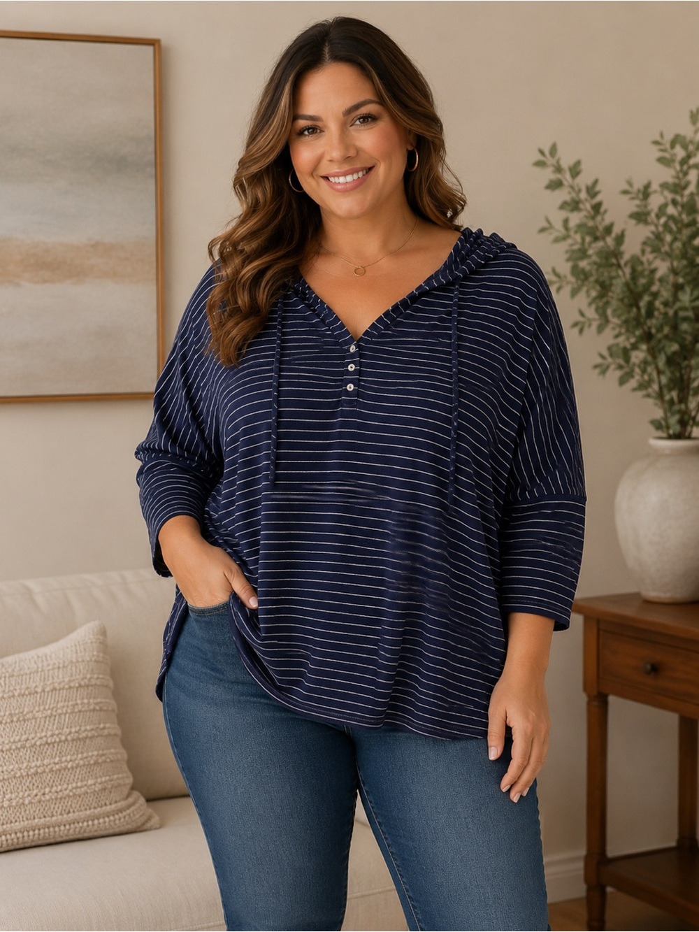 Market & Spruce Striped V-Neck Henley Pullover Hoodie Size 2X